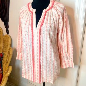 FREE THE ROSES Pink & White Stripe Embroidered Blouse Top! Pink Fringe Top. Med